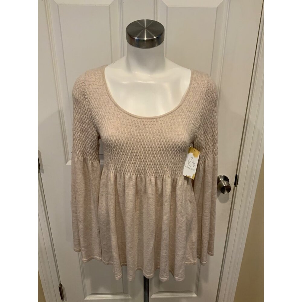 Knitted & Knotted Tan Textured Knit Baby Doll Long Sleeve Top, Size S